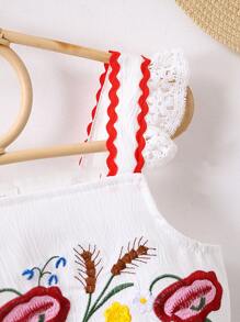 Toddler Girls Floral Embroidery Ruffle Trim Cami Dress - White - View 4