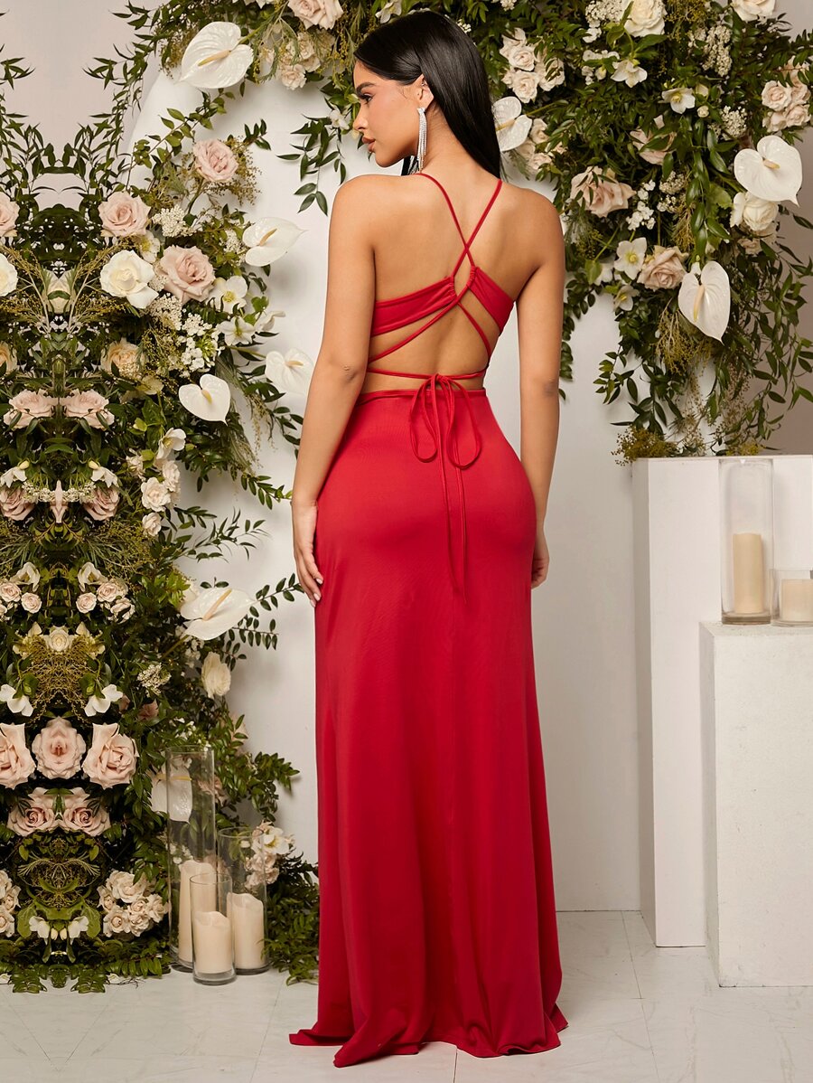 SHEIN Belle Vestido unicolor de espalda abierta con cordón