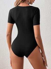 SHEIN Privé Contrast Lace V Neck Bodysuit - Black - View 2