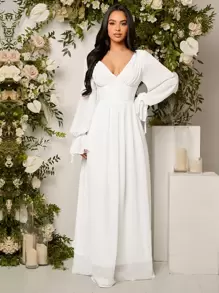 SHEIN Belle 1入組深V領荷葉袖婚紗連衣裙 - 白色 - 查看 1