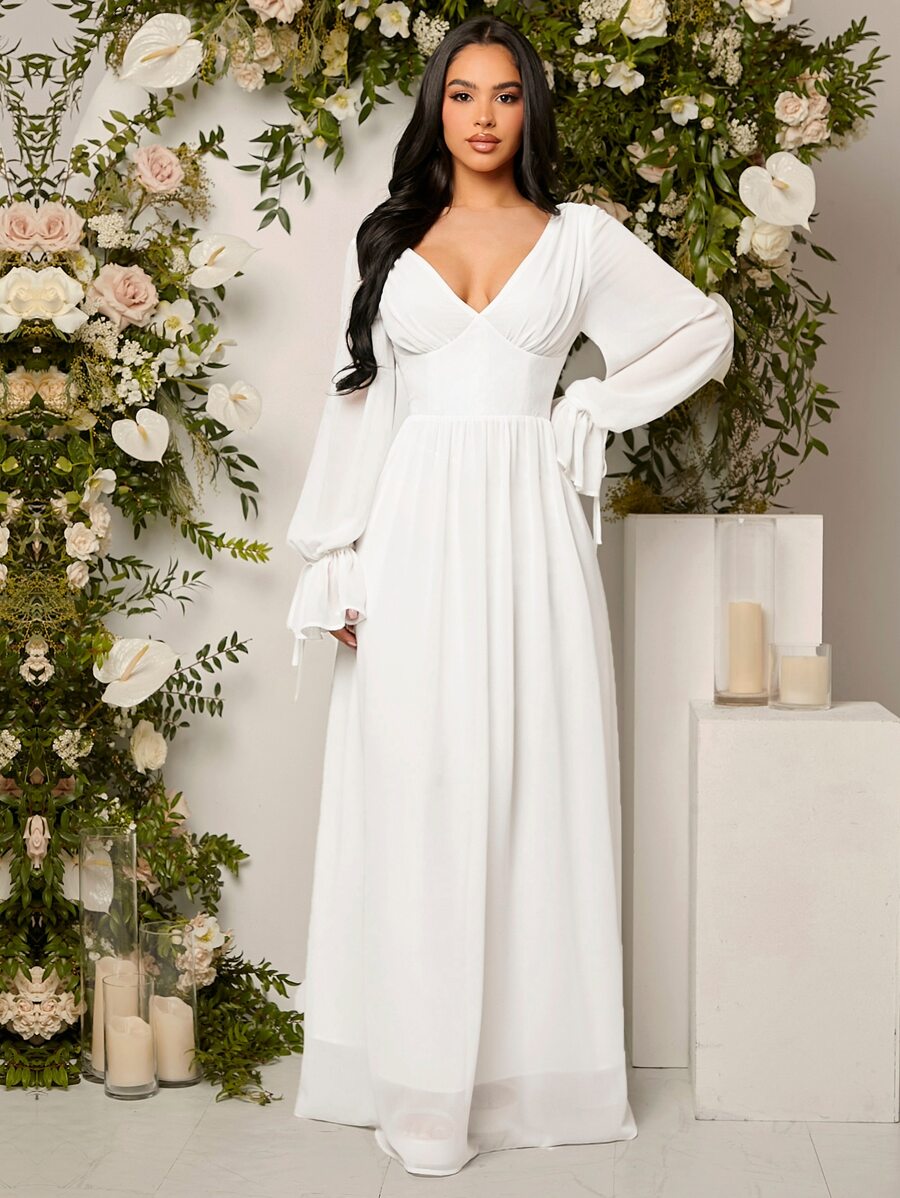 SHEIN Belle 1入組深V領荷葉袖婚紗連衣裙 - 白色 - 查看 1
