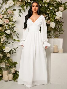 SHEIN Belle 1入組深V領荷葉袖婚紗連衣裙 - 白色 - 查看 4