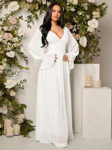 SHEIN Belle 1入組深V領荷葉袖婚紗連衣裙 - 白色 - 查看 5