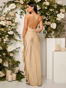 SHEIN Belle Ruffle Trim Asymmetrical Hem Bridesmaid Dress - Champagne - View 2