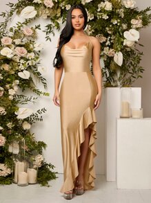 SHEIN Belle Ruffle Trim Asymmetrical Hem Bridesmaid Dress - Champagne - View 3