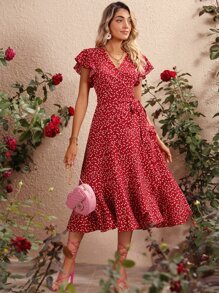 SHEIN VCAY Vestido cruzado con estampado de corazón de confeti bajo con fruncido - Rojo - Ver 1
