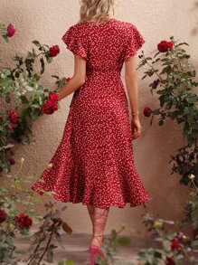 SHEIN VCAY Vestido cruzado con estampado de corazón de confeti bajo con fruncido - Rojo - Ver 2