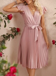 Breezaya 蝴蝶袖百褶下擺連衣裙 - 藕粉色 - 查看 6