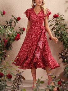 SHEIN VCAY Vestido cruzado con estampado de corazón de confeti bajo con fruncido - Rojo - Ver 3