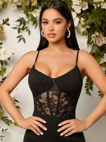 SHEIN Belle Vestido de dama de honor con abertura en el muslo y encaje en contraste, negro, elegante, formal, para fiesta de graduación, cena o Día de San Valentín - Negro - Ver 4