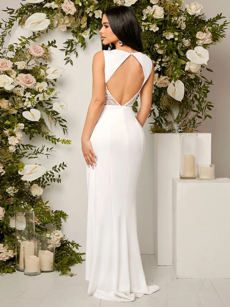 SHEIN Belle 蕾絲拼接高衩露背高低下擺婚紗連衣裙 - 白色 - 查看 1