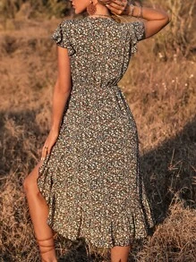 SHEIN VCAY Vestido con estampado floral bajo con fruncido - Negro - Ver 2