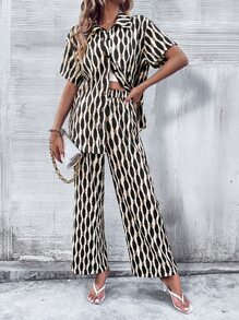 SHEIN LUNE 滿版印花襯衫和闊腿褲 - 彩色 - 查看 1