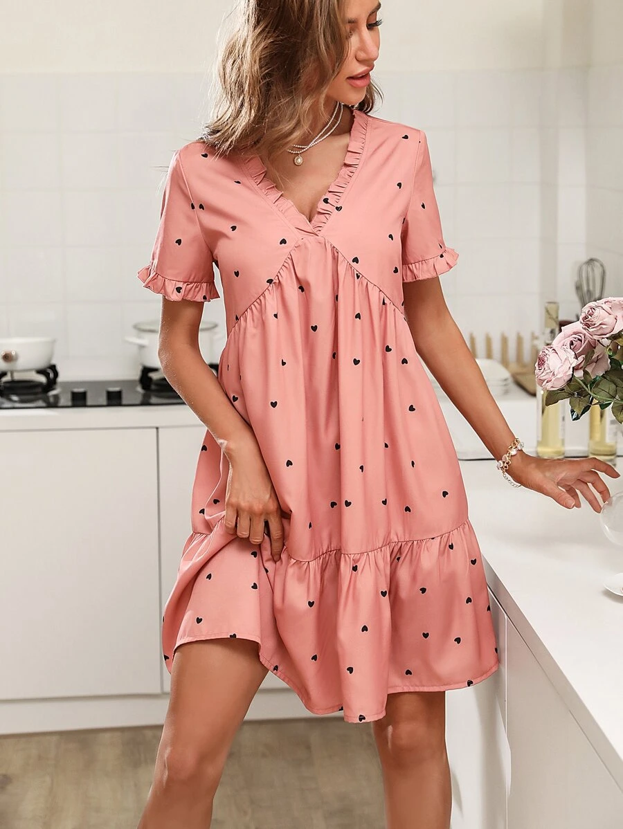 SHEIN VCAY Heart Print Ruffle Hem Smock Dress - Coral Pink - View 1