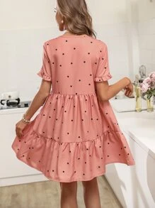 SHEIN VCAY Heart Print Ruffle Hem Smock Dress - Coral Pink - View 2
