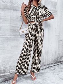 SHEIN LUNE 滿版印花襯衫和闊腿褲 - 彩色 - 查看 5