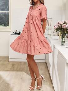 SHEIN VCAY Heart Print Ruffle Hem Smock Dress - Coral Pink - View 5