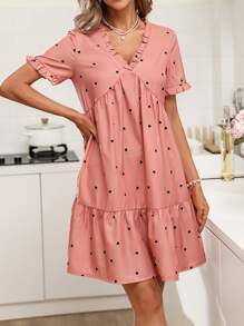 SHEIN VCAY Heart Print Ruffle Hem Smock Dress - Coral Pink - View 6