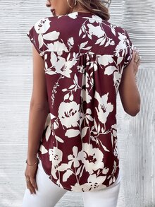 SHEIN LUNE Floral Print Notched Neck Blouse - Burgundy - View 2
