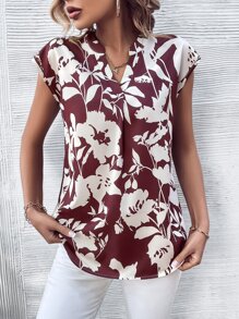 SHEIN LUNE Floral Print Notched Neck Blouse - Burgundy - View 3