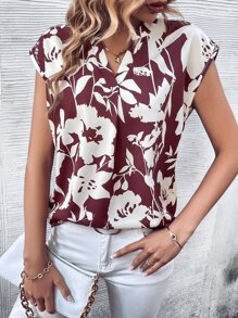 SHEIN LUNE Floral Print Notched Neck Blouse - Burgundy - View 5
