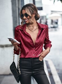SHEIN Clasi Jacquard Puff Sleeve Button Front Satin Shirt - Burgundy - View 3