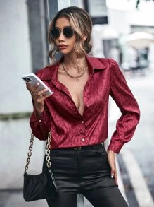 SHEIN Clasi Jacquard Puff Sleeve Button Front Satin Shirt - Burgundy - View 4