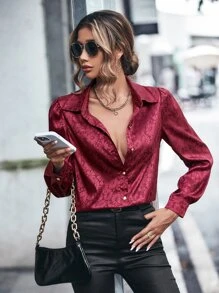 SHEIN Clasi Jacquard Puff Sleeve Button Front Satin Shirt - Burgundy - View 5