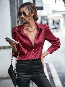 SHEIN Clasi Jacquard Puff Sleeve Button Front Satin Shirt - Burgundy - View 6