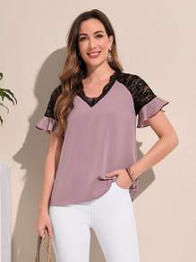 EMERY ROSE Contrast Lace Raglan Sleeve Blouse - Mauve Purple - View 3