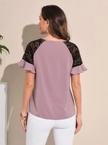 EMERY ROSE Contrast Lace Raglan Sleeve Blouse - Mauve Purple - View 4