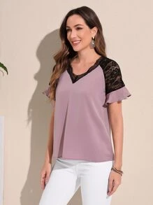 EMERY ROSE Contrast Lace Raglan Sleeve Blouse - Mauve Purple - View 5