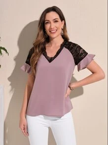 EMERY ROSE Contrast Lace Raglan Sleeve Blouse - Mauve Purple - View 1