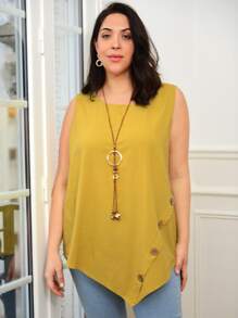 EMERY ROSE Áo hai dây Plus Size Bất đối xứng Nút màu trơn Giải trí - Màu Mù tạt vàng - Xem 5