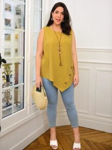 EMERY ROSE Áo hai dây Plus Size Bất đối xứng Nút màu trơn Giải trí - Màu Mù tạt vàng - Xem 1