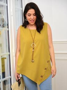 EMERY ROSE Áo hai dây Plus Size Bất đối xứng Nút màu trơn Giải trí - Màu Mù tạt vàng - Xem 3