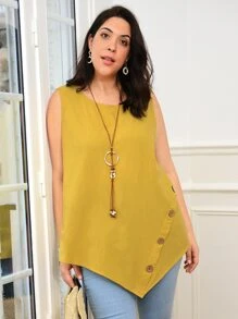 EMERY ROSE Áo hai dây Plus Size Bất đối xứng Nút màu trơn Giải trí - Màu Mù tạt vàng - Xem 4