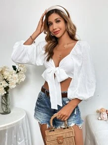 SHEIN VCAY Swiss Dot Knot Front Crop Blouse - White - View 4