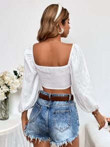 SHEIN VCAY Swiss Dot Knot Front Crop Blouse - White - View 2