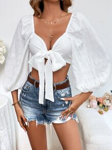 SHEIN VCAY Swiss Dot Knot Front Crop Blouse - White - View 6