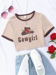 Girls Letter & Hat Print Contrast Binding Crop Tee - Khaki - View 1