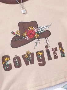 Girls Letter & Hat Print Contrast Binding Crop Tee - Khaki - View 5