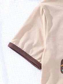 Girls Letter & Hat Print Contrast Binding Crop Tee - Khaki - View 6