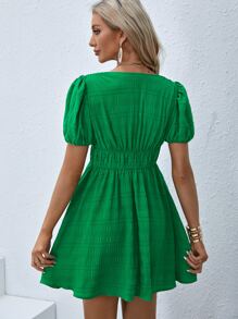 SHEIN VCAY Puff Sleeve Plunge Neck Dress - Green - View 2