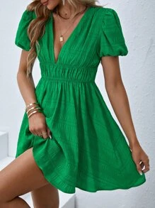 SHEIN VCAY Puff Sleeve Plunge Neck Dress - Green - View 3