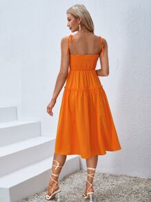 SHEIN VCAY 肩上打結上身打攬吊帶連衣裙 - 橘色 - 查看 4