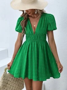 SHEIN VCAY Puff Sleeve Plunge Neck Dress - Green - View 5