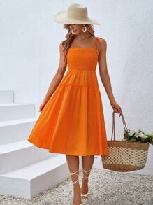 SHEIN VCAY 肩上打結上身打攬吊帶連衣裙 - 橘色 - 查看 2