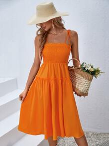 SHEIN VCAY 肩上打結上身打攬吊帶連衣裙 - 橘色 - 查看 5