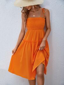 SHEIN VCAY 肩上打結上身打攬吊帶連衣裙 - 橘色 - 查看 6